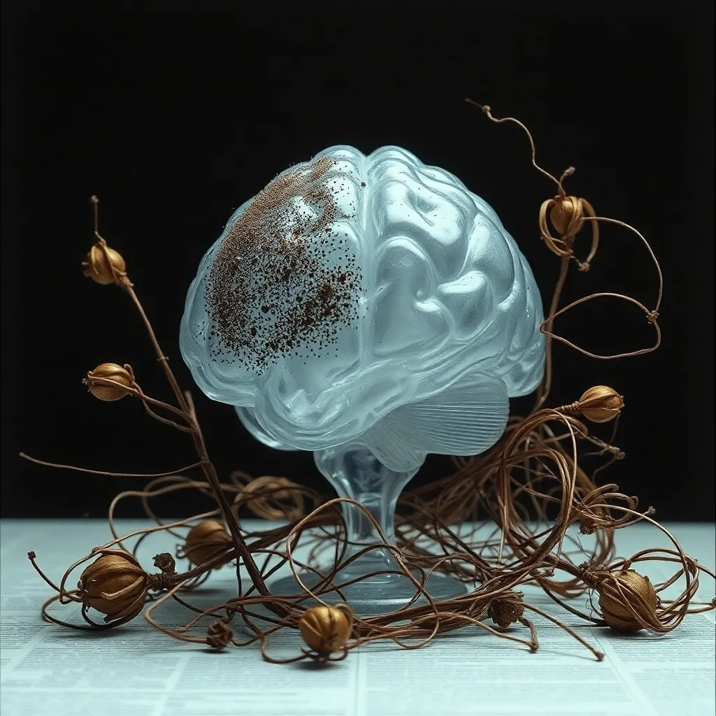 Fotografía macro de un microscopio vintage enfocado en una placa de Petri con redes neuronales estilizadas y partículas contaminantes, en un laboratorio oscuro.