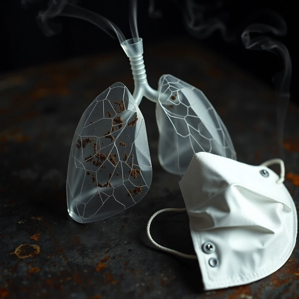 Fotografía macro de instrumentos médicos, como un broncoscopio y un nebulizador, cubiertos por una fina capa de polvo, simbolizando la lucha contra enfermedades respiratorias.