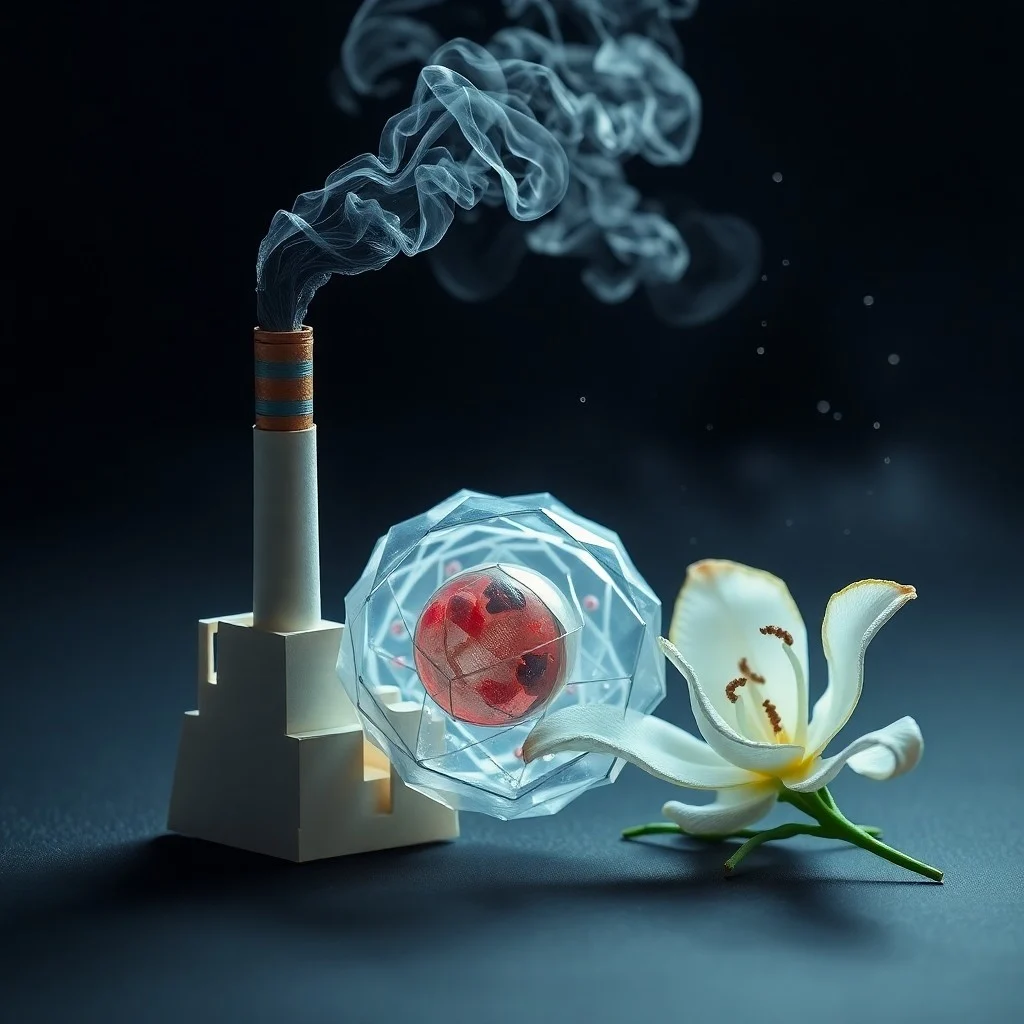 Representación estilizada de una célula del sistema inmunitario interactuando con formas geométricas que simbolizan contaminantes del aire como PM2.5, NO2 y O3, en un entorno de laboratorio con iluminación fría.