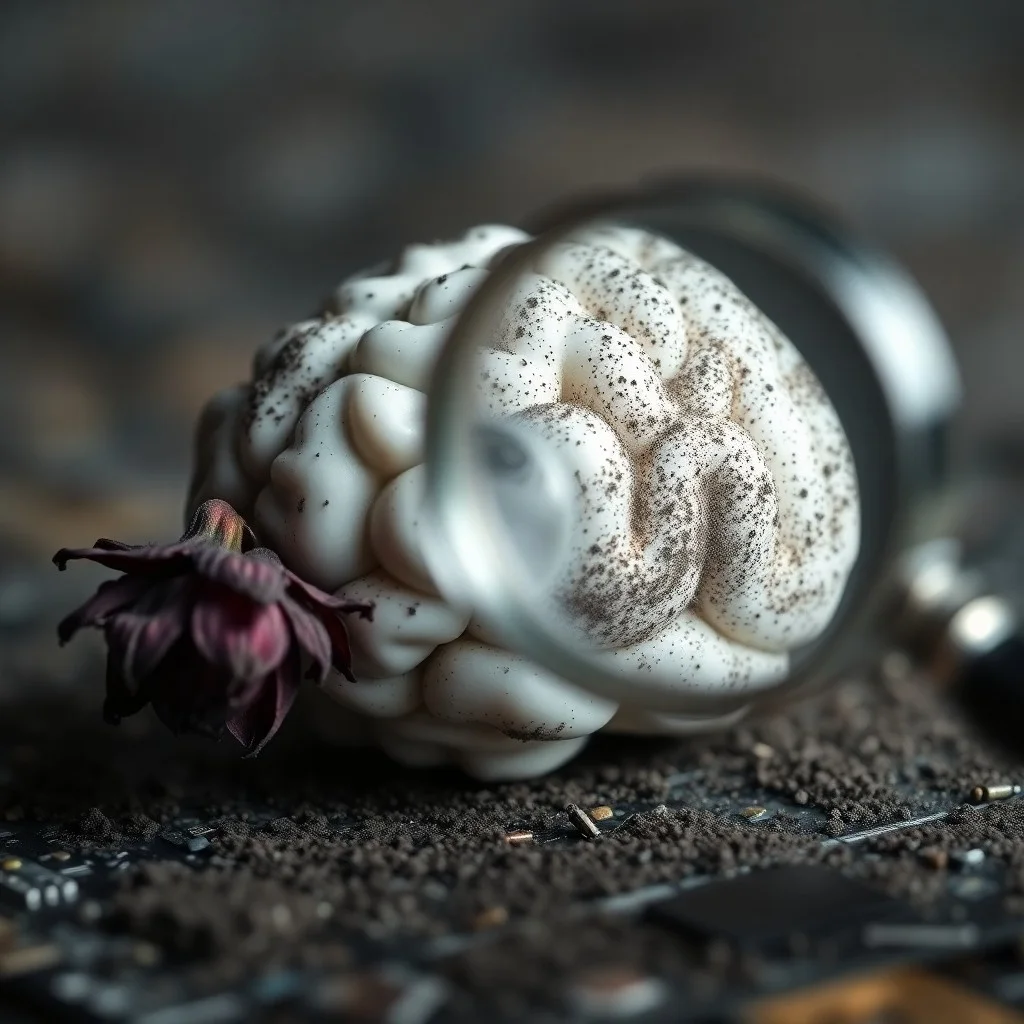 Fotografía cinematográfica de naturaleza muerta de un diario desgastado, un vaso de agua medio vacío y notas arrugadas en un escritorio de madera tenuemente iluminado, evocando fatiga mental.