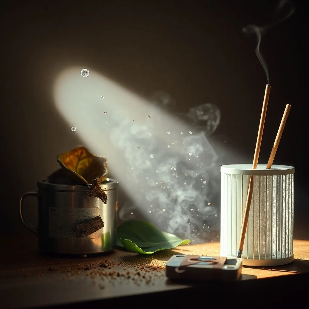 Arte conceptual de un filtro de aire estilizado con fibras intrincadas capturando partículas microscópicas de polvo y polen, con un fondo degradado azul y verde.