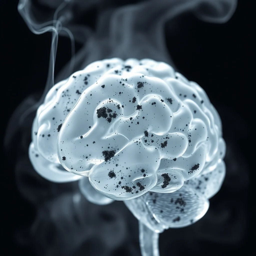Ilustración 3D de partículas ultrafinas (PM2.5) con formas irregulares y oscuras, rodeando y dañando intrincadas redes neuronales que emiten una luz tenue y frágil.