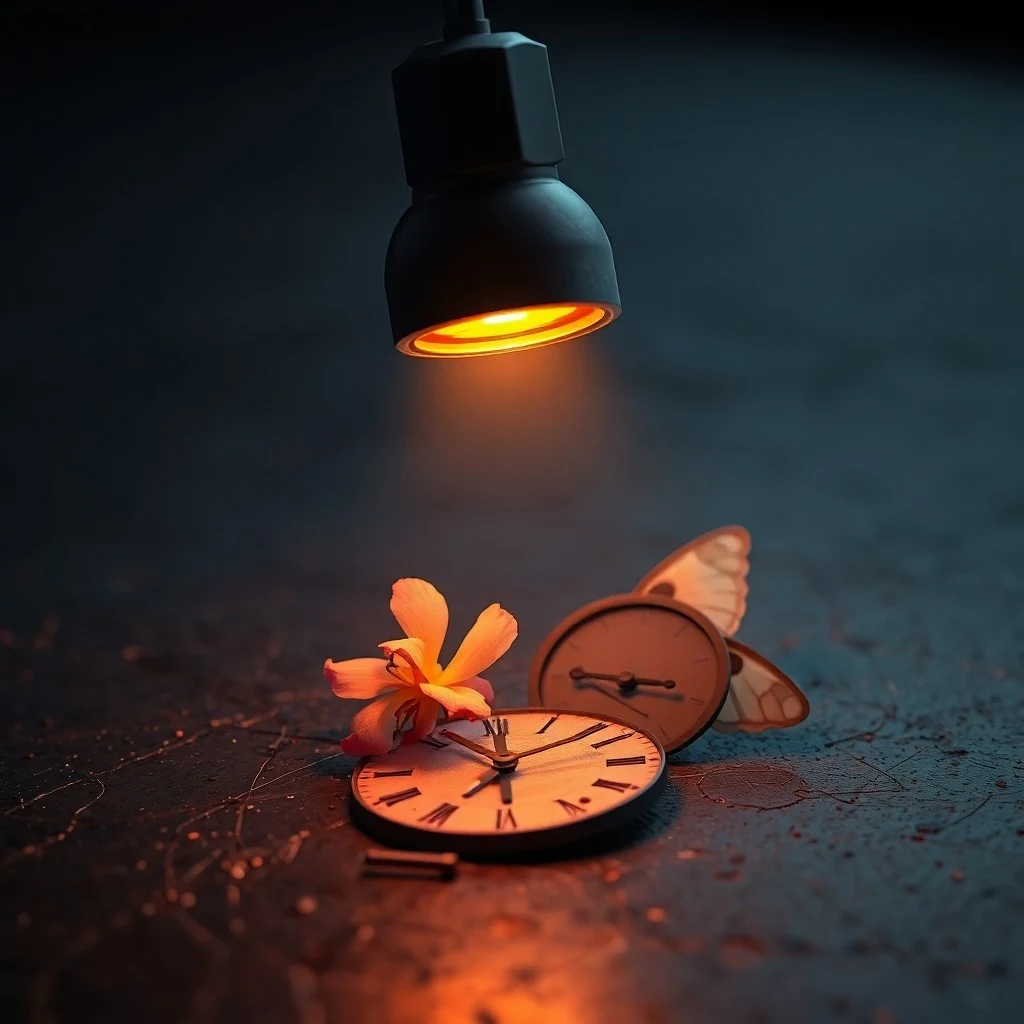 Reloj distorsionado en una cama, iluminado por una luz azul artificial, simbolizando la alteración del sueño.