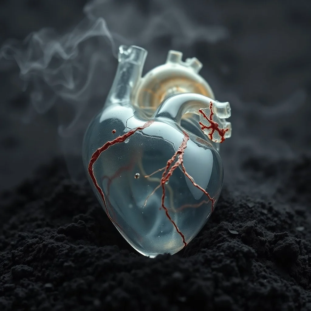 Modelo de corazón de cristal opaco con partículas, junto a un medidor de calidad del aire.