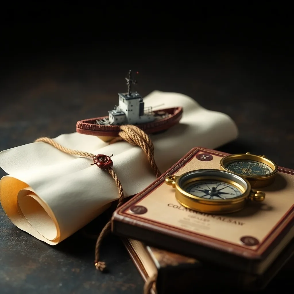 Escritorio con documentos marítimos, un telescopio y un libro de leyes, simbolizando el estudio del derecho marítimo.