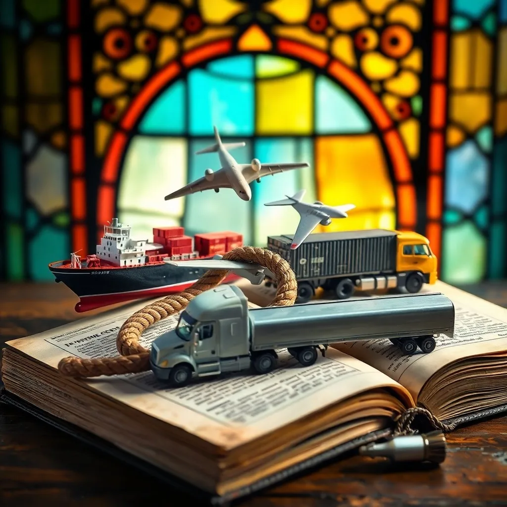 Ilustración digital 3D de una red global interconectada de contenedores de carga y vehículos de transporte (barco, tren, camión, avión) que fluyen a través de un mapa digital.