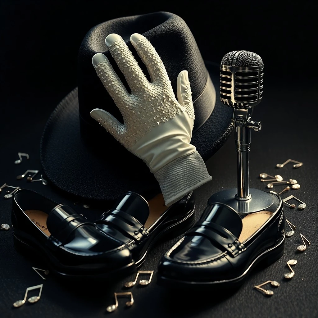 Un escenario de concierto vacío, con un micrófono vintage y un guante blanco brillante, evocando la presencia de un legendario artista. La iluminación dramática resalta la textura del suelo y los objetos, creando una atmósfera de nostalgia y grandeza.