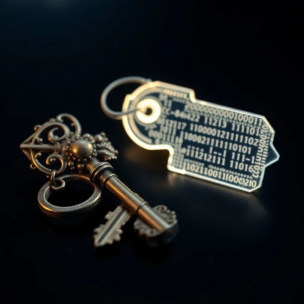 Render 3D de una puerta de bóveda futurista cerrada de forma segura, con un ojo de cerradura holográfico brillante. Una llave metálica compleja está parcialmente oculta en la sombra a un lado.
