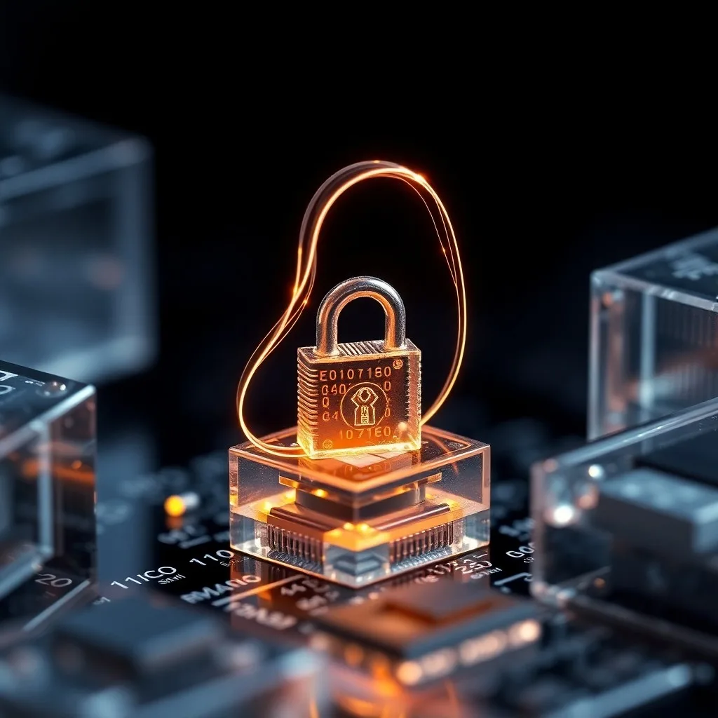 Primer plano de un candado digital y una llave etérea sobre una placa de circuito, simbolizando la seguridad digital y las claves criptográficas.