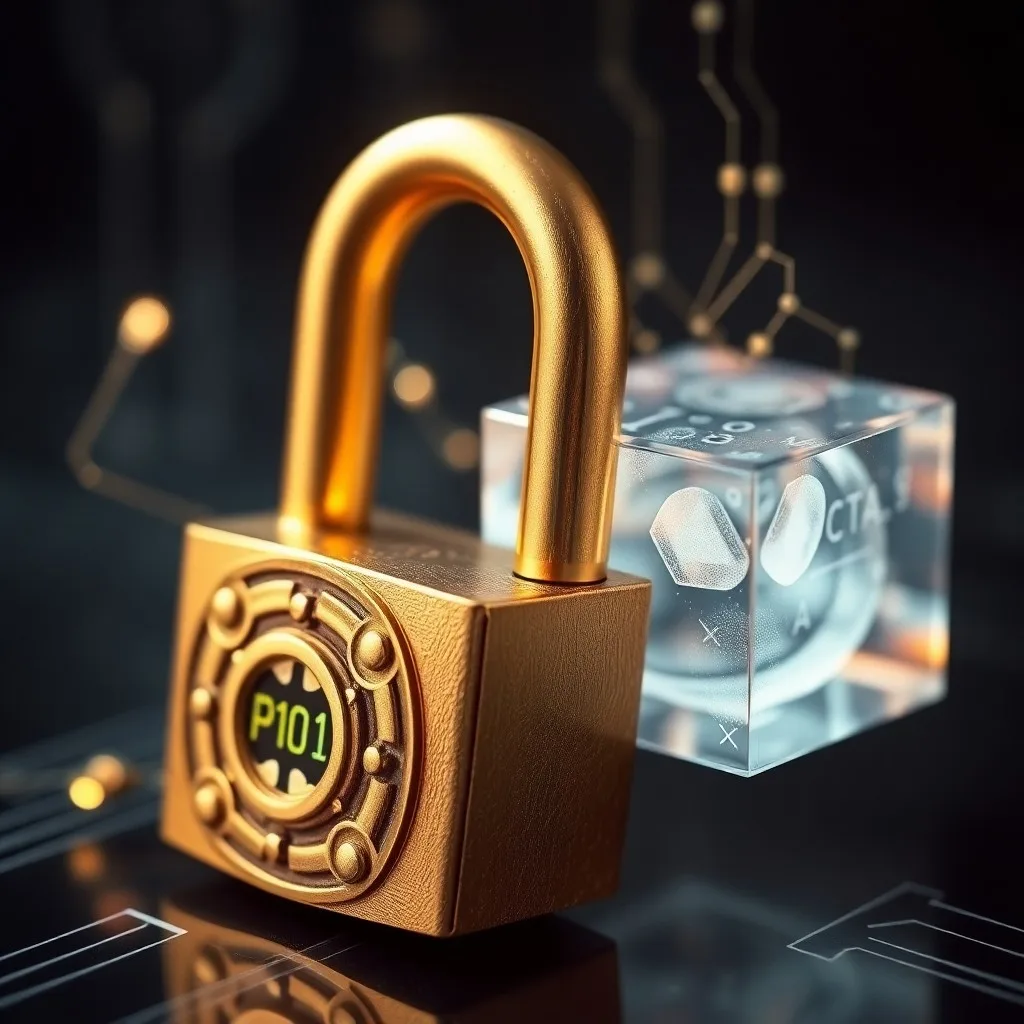 Candado y llave vintage sobre una tableta digital con código, simbolizando la seguridad de datos.