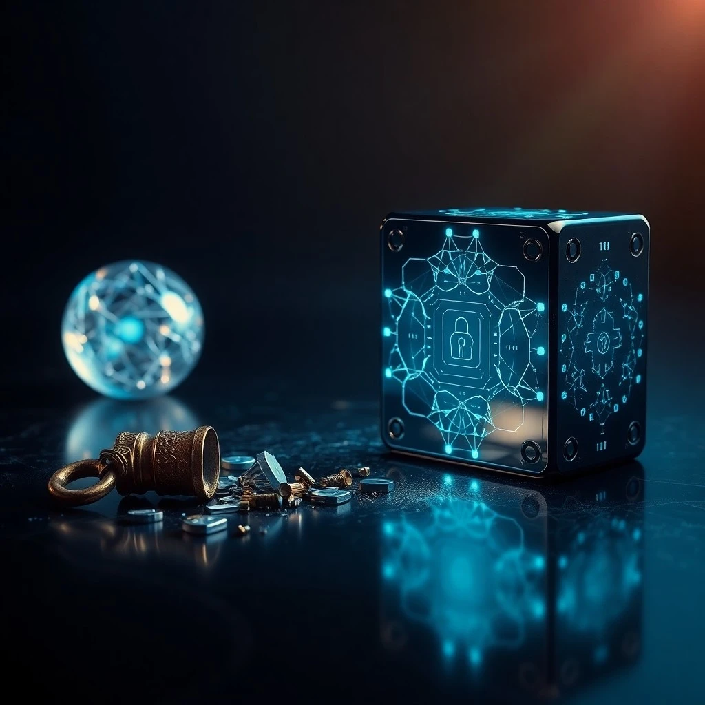 Bodegón cinematográfico de un candado digital tradicional destrozado, hecho de bits, sobre una superficie oscura y reflectante, rodeado de partículas de energía cuántica arremolinadas, con iluminación dramática.