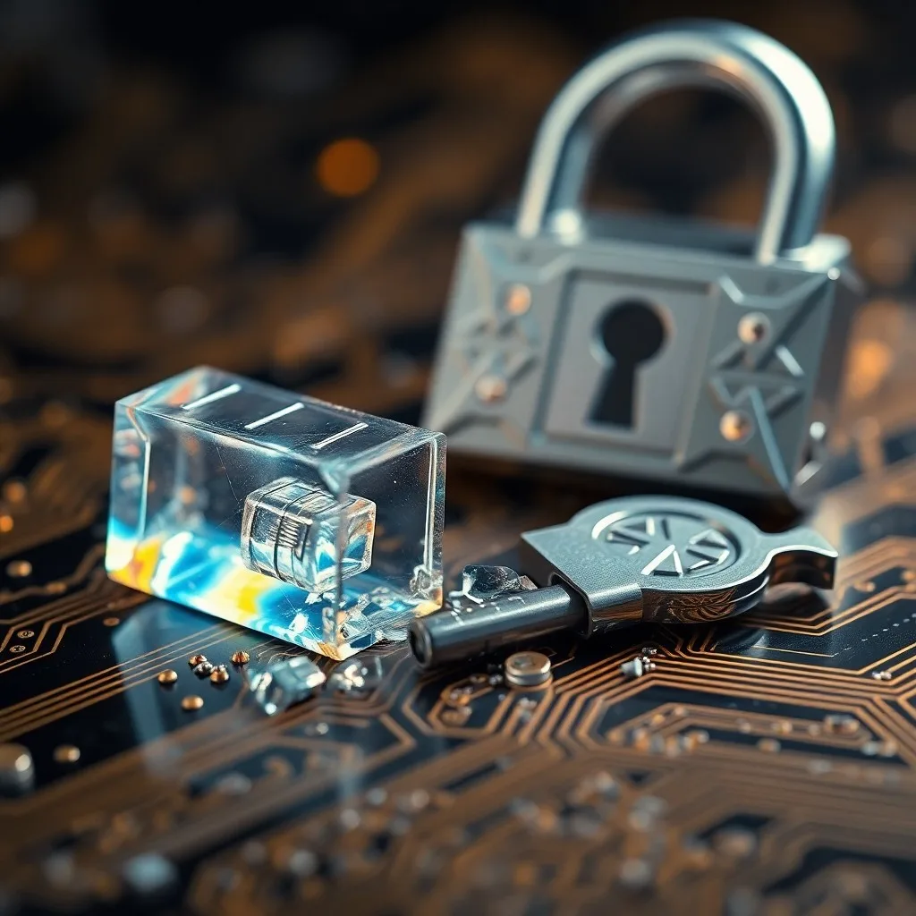 Renderizado 3D de un robusto y complejo escudo digital compuesto por símbolos criptográficos entrelazados y brillantes, protegiendo un núcleo de datos central, con un fondo de fluctuaciones cuánticas caóticas y abstractas.