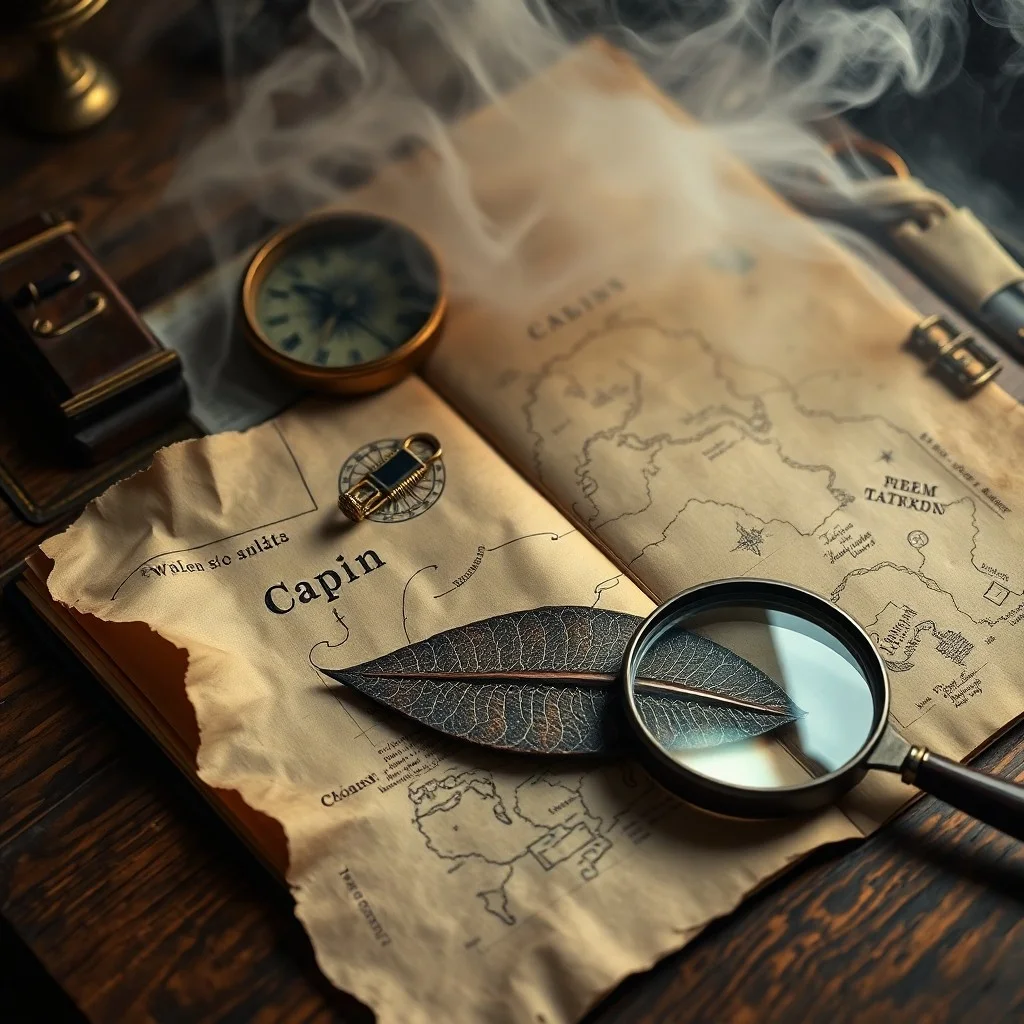 Diario de explorador con bocetos de criptidos y notas, lupa y sombrero en un escritorio de madera.