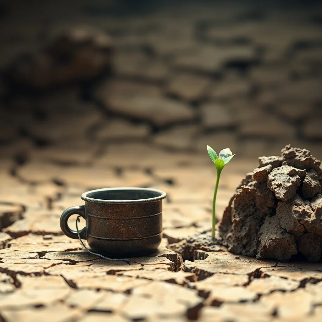 Un paisaje industrial con tuberías oxidadas y desechos plásticos, simbolizando la contaminación y el uso ineficiente del agua.