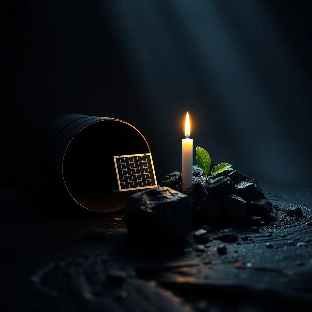 Bodegón fotográfico con un modelo de turbina eólica en miniatura, un pequeño panel solar, una lámpara de aceite vintage, un trozo de carbón y una tableta digital mostrando gráficos de consumo energético, sobre una mesa de madera. Iluminación dramática.