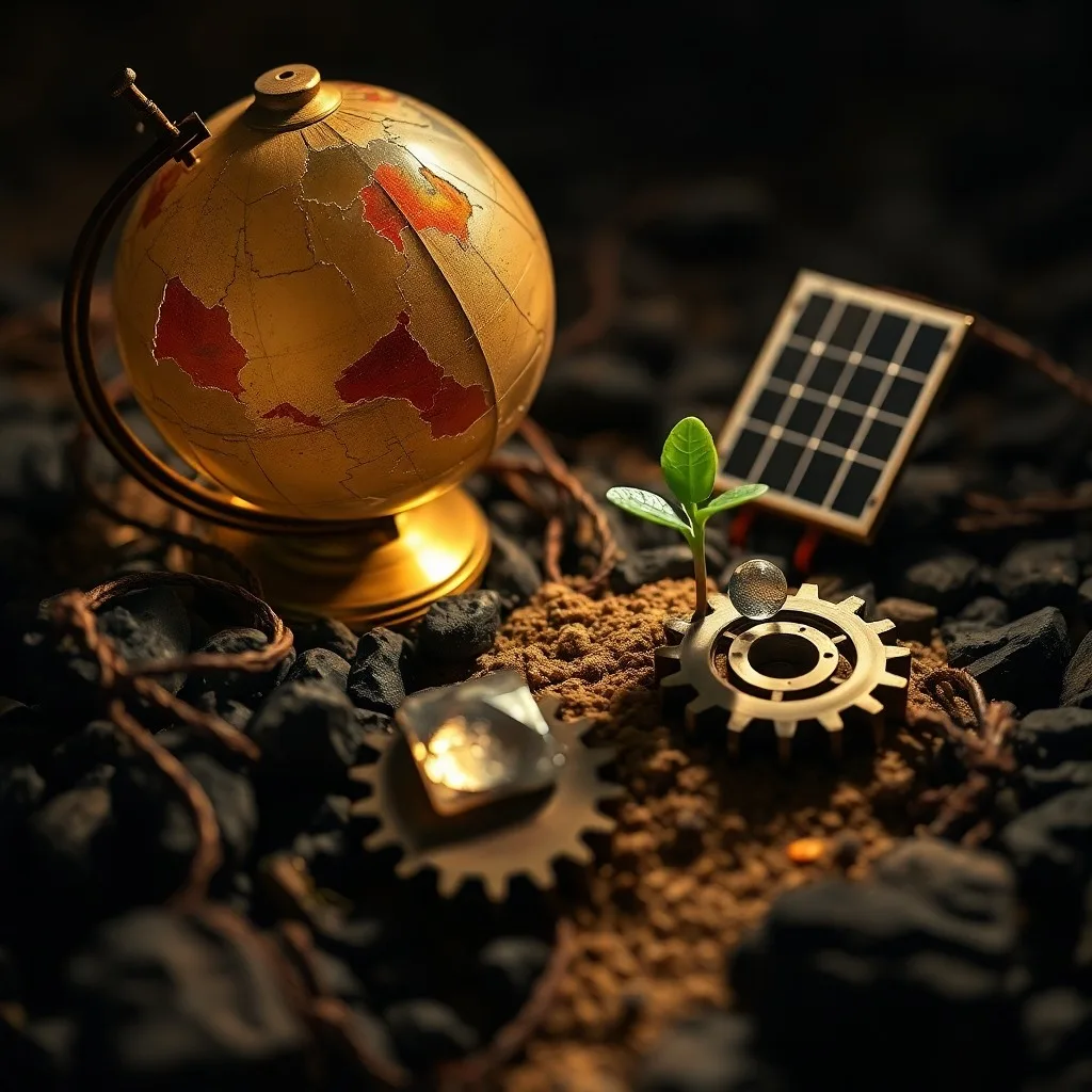 Globo terráqueo agrietado sobre carbón, con una planta verde brotando, simbolizando el impacto ambiental y la esperanza.