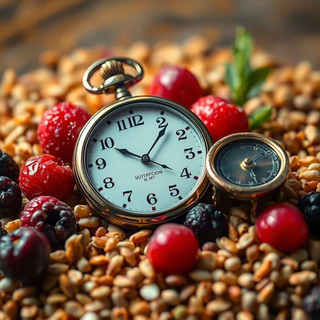 Un reloj de arena antiguo sobre libros científicos y alimentos frescos, simbolizando la conexión entre el tiempo, la ciencia y la nutrición.