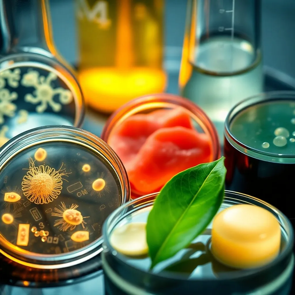 Bodegón cinematográfico de estructuras celulares abstractas que brillan bajo un microscopio, con elementos de fondo borrosos que insinúan un futuro sostenible y seguridad alimentaria, evocando una sensación de asombro y esperanza científica. Enfoque en la textura y la luz.