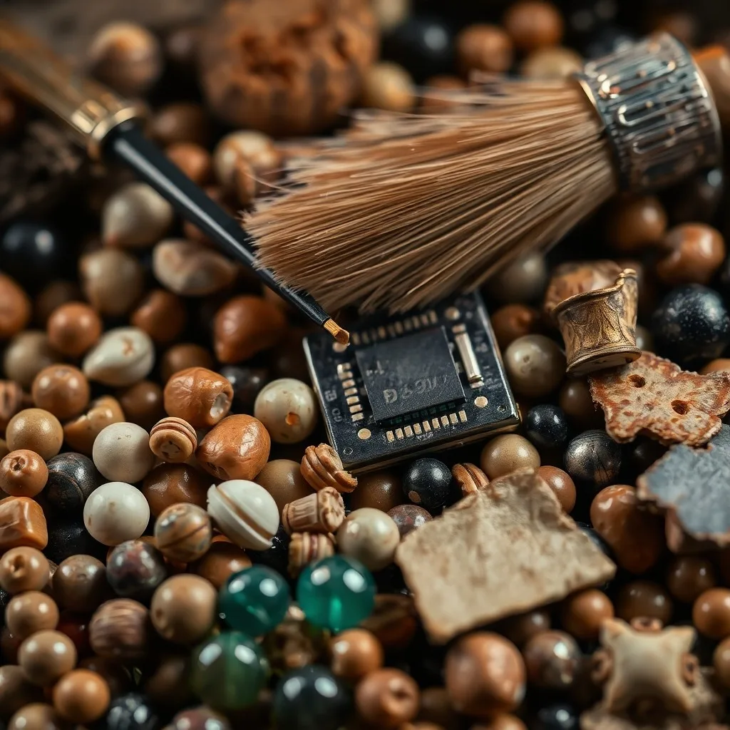 Fotografía cinematográfica de naturaleza muerta de una colección de materiales naturales sin pulir para cuentas: conchas fosilizadas, piedras de río pulidas, semillas secas y fragmentos de hueso, dispuestos sobre una tela de lino áspera bajo luz direccional.