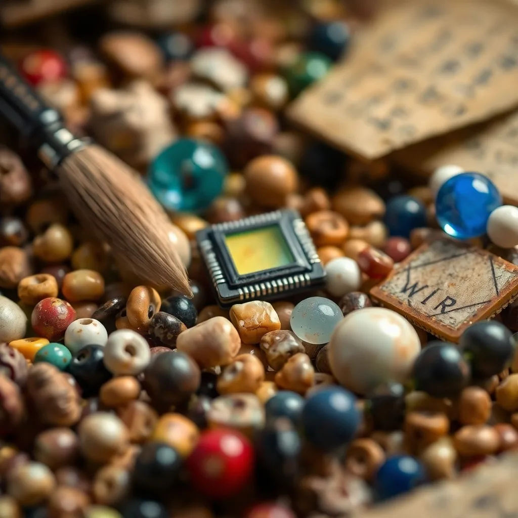 Pintura al óleo de naturaleza muerta que representa un conjunto de antiguos abalorios de oración, como un rosario o un mala, colocados sobre un libro gastado de cuero, junto a una lámpara de aceite parpadeante, la escena evoca contemplación y significado espiritual.