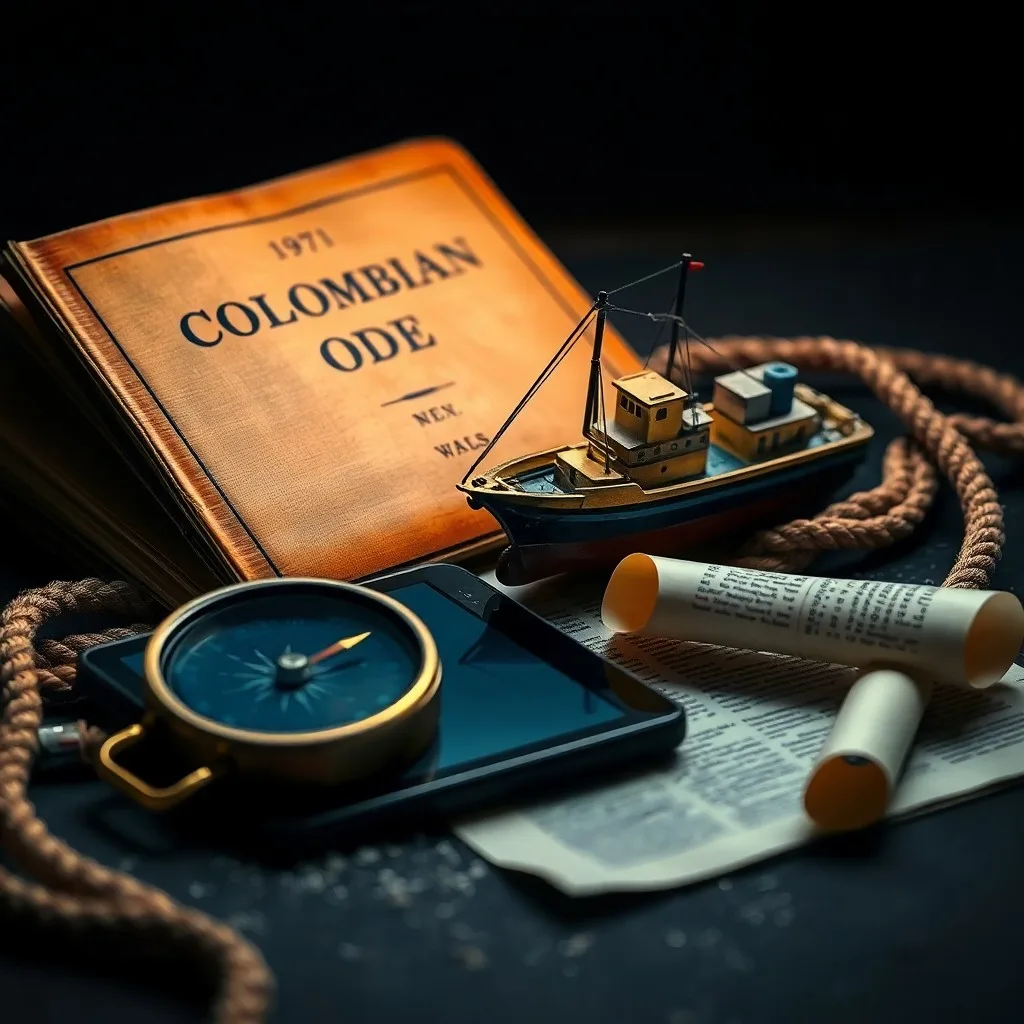 Render 3D isométrico de un buque portacontenedores navegando entre documentos legales y flujos de datos, representando desafíos marítimos modernos.