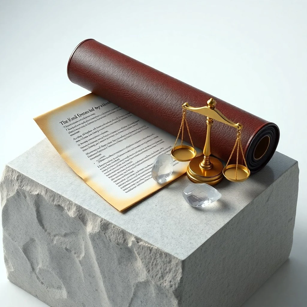 Brújula vintage, libros de filosofía y derecho, un mazo y una balanza, simbolizando la guía moral y la justicia.