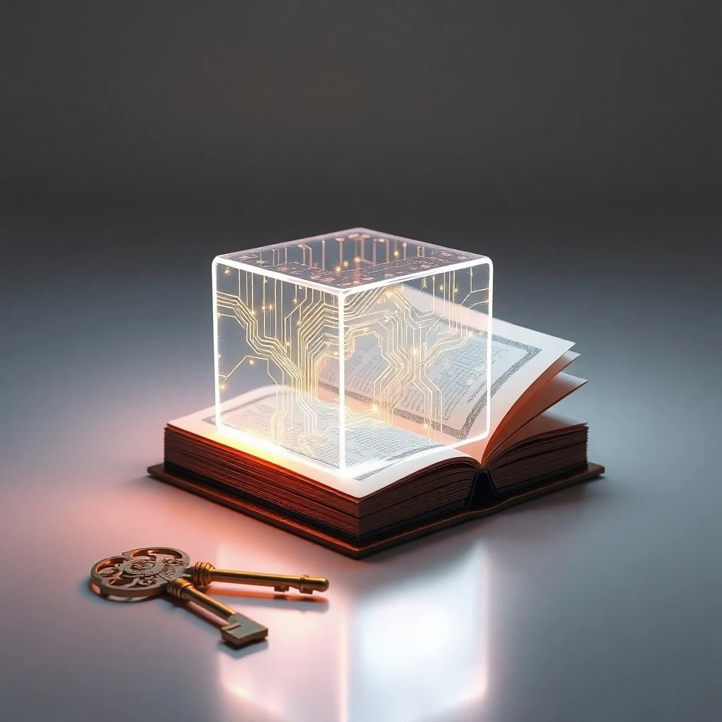 Renderizado 3D de una placa de circuito estilizada entrelazada con una planta en crecimiento, con una proyección holográfica de datos complejos sobre un escritorio minimalista.