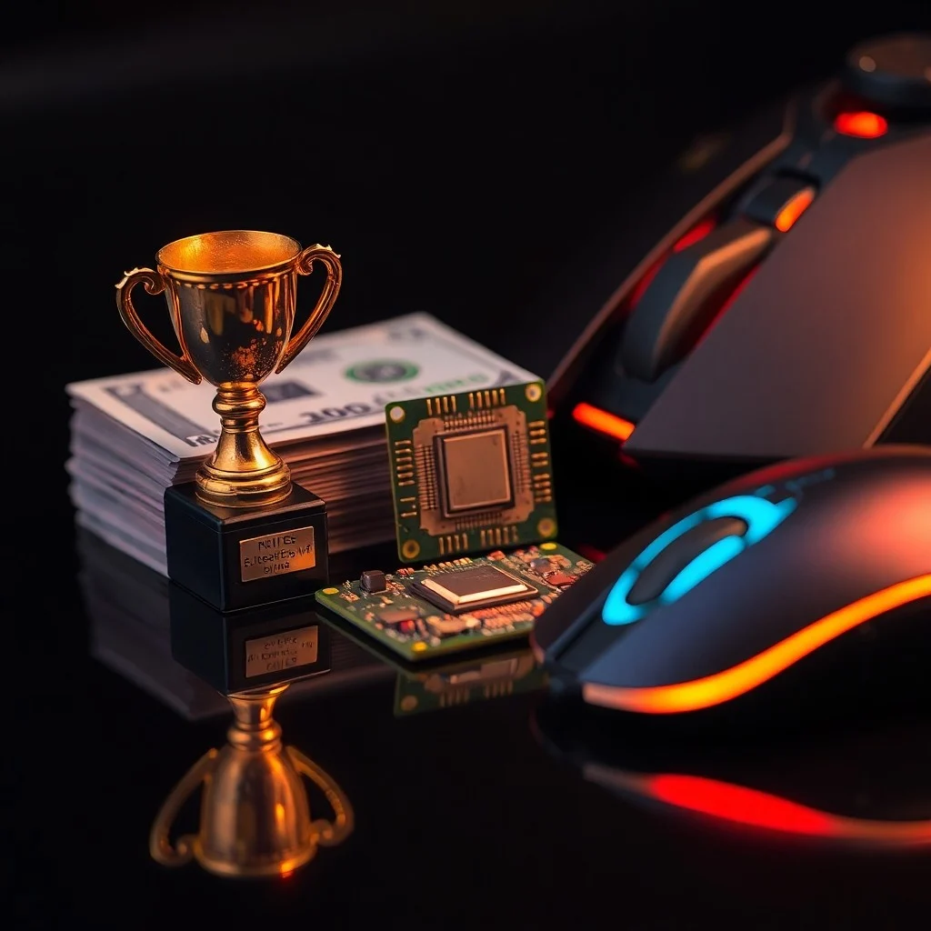 Fotografía de un setup de gaming moderno con teclado mecánico, ratón de alto rendimiento y auriculares de esports.