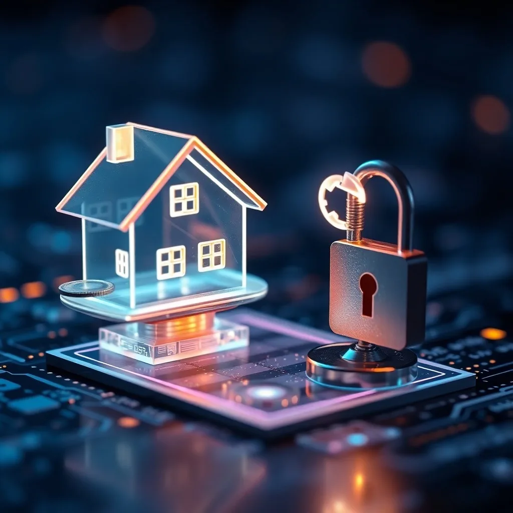 Colección de artefactos digitales en un pedestal, incluyendo una gema poligonal, un plano holográfico de un edificio virtual y un token NFT brillante.