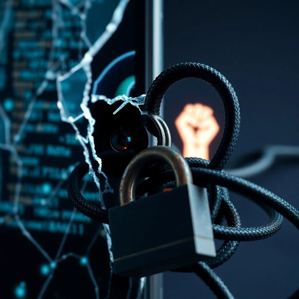 Arte conceptual de cables de red enredados formando una silueta humana abstracta, con líneas de datos brillantes sobre un fondo de ciudad distópica nocturna en tonos azules y morados.