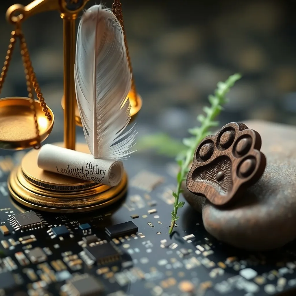 Un escudo translúcido y brillante con patrones geométricos, protegiendo un ecosistema etéreo y estilizado, simbolizando la protección legal y ética del medio ambiente y la vida animal.