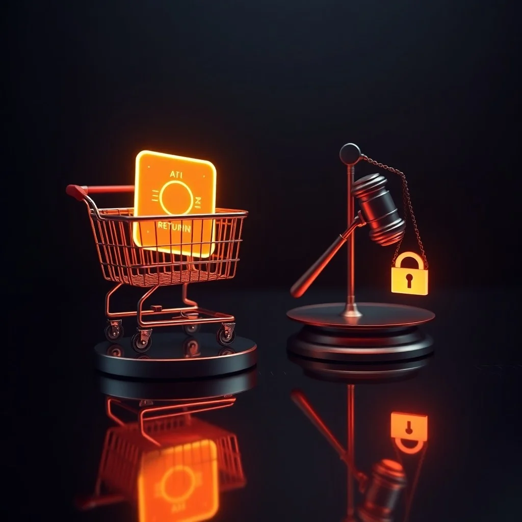 Render 3D conceptual de un mazo de juez rompiendo una pantalla digital con un mensaje de 'Error 404', rodeado de datos fragmentados y formularios de queja.