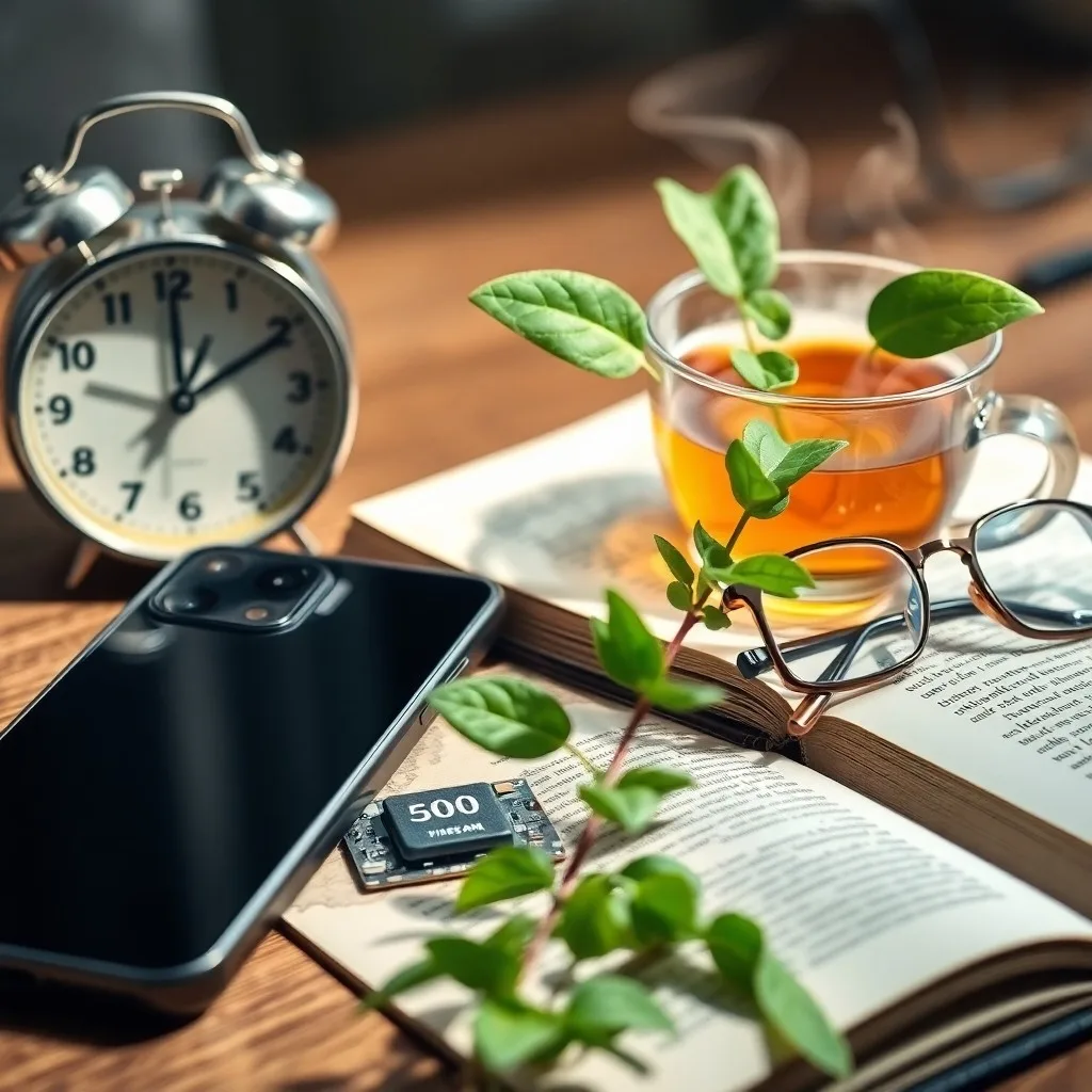 Reloj vintage marcando el fin de la jornada laboral junto a un portátil cerrado y té.