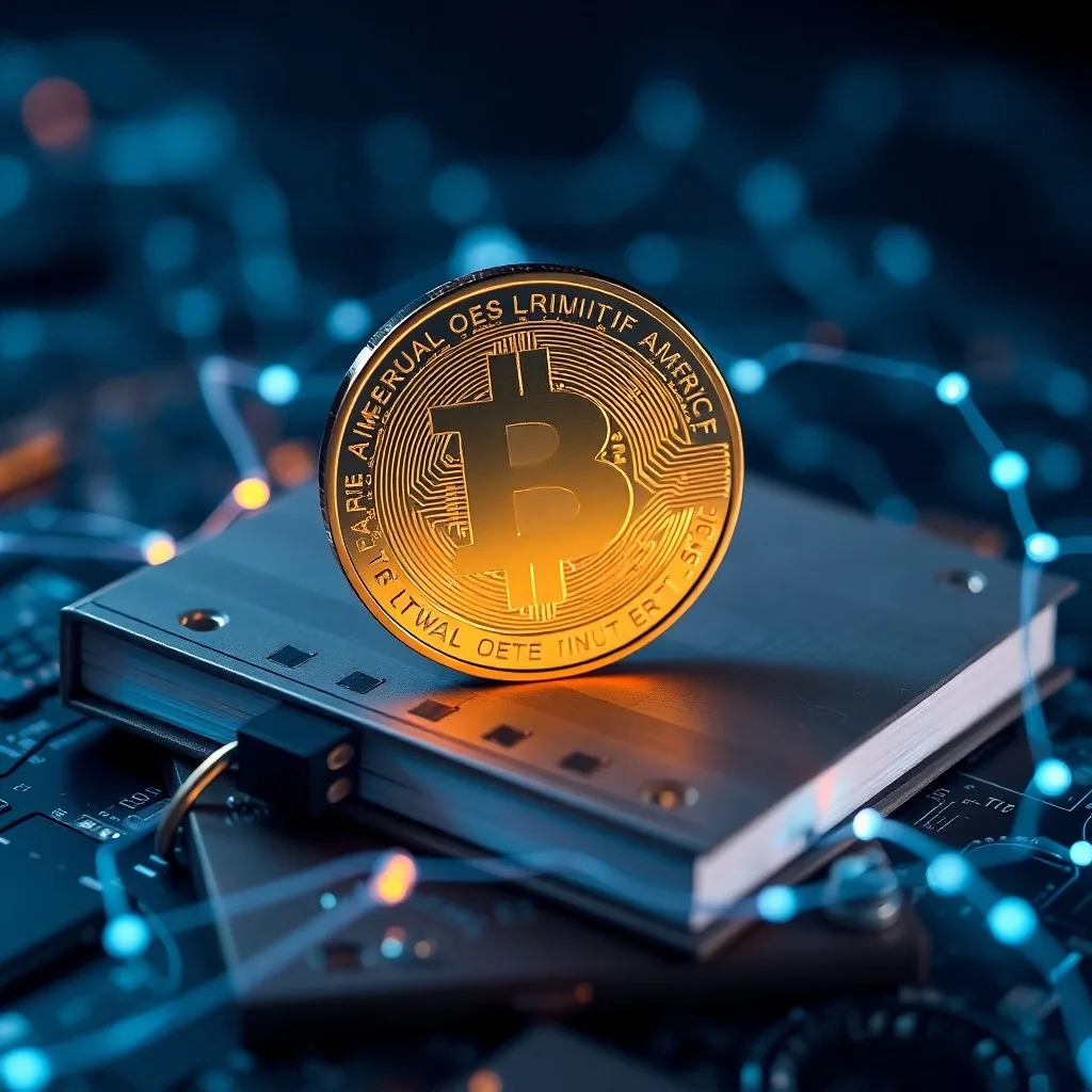 Primer plano macro de un libro legal antiguo abierto con ecuaciones digitales superpuestas, junto a monedas de criptomonedas brillantes sobre un escritorio de madera, simbolizando la regulación digital.