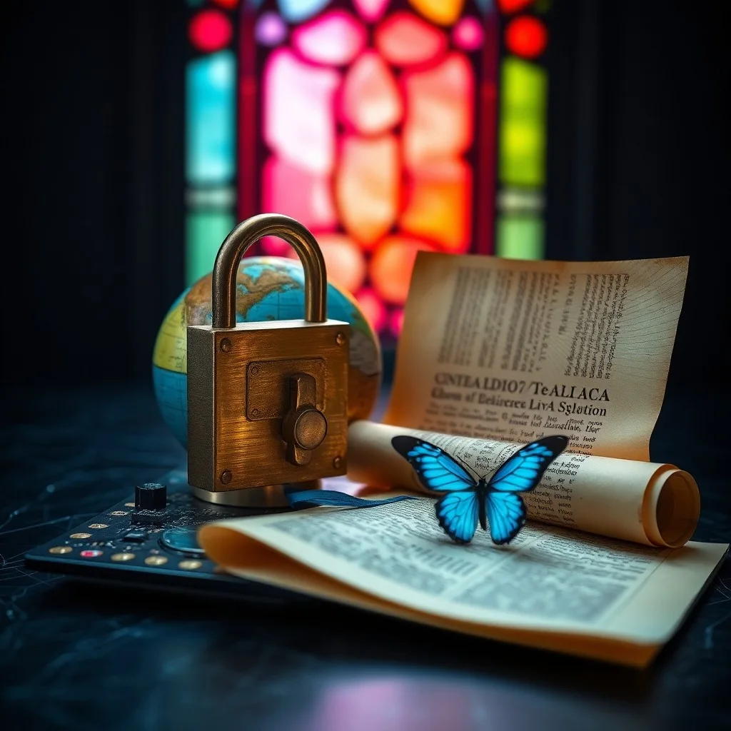 Un candado digital que emite una luz azul, superpuesto sobre documentos legales en idiomas latinoamericanos, simbolizando la protección de datos.