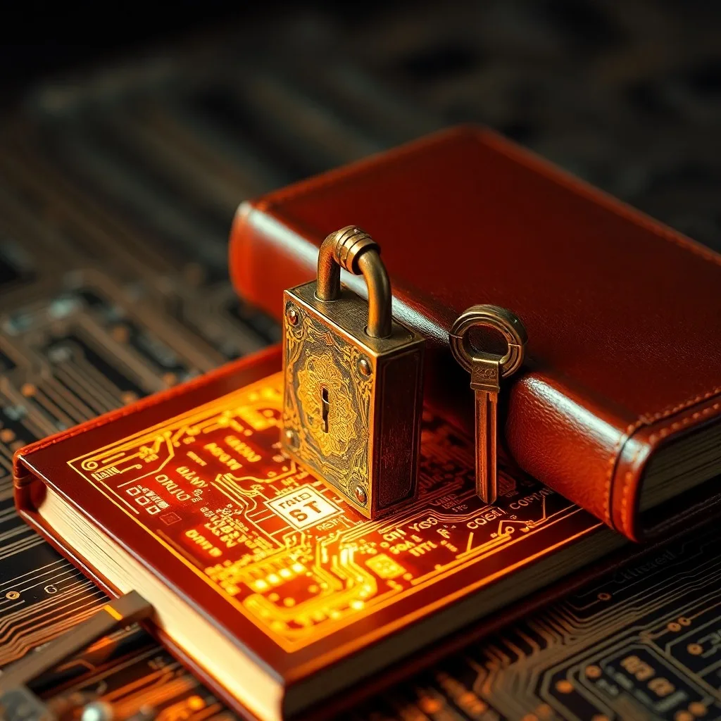 Libro de leyes antiguo abierto con código digital superpuesto, lupa sobre datos y proyección holográfica.