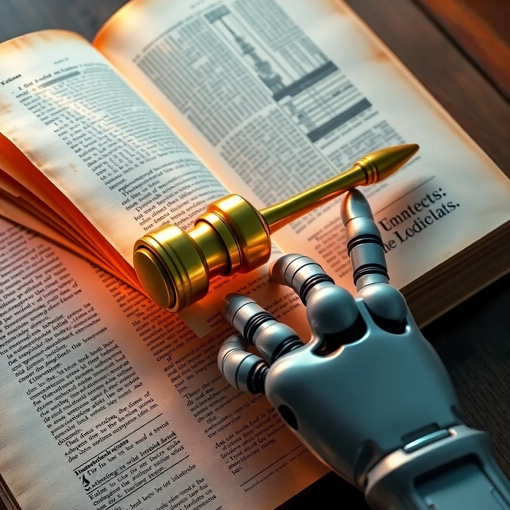 Máquina de escribir antigua en un escritorio con tabletas digitales que muestran algoritmos, luz dramática.