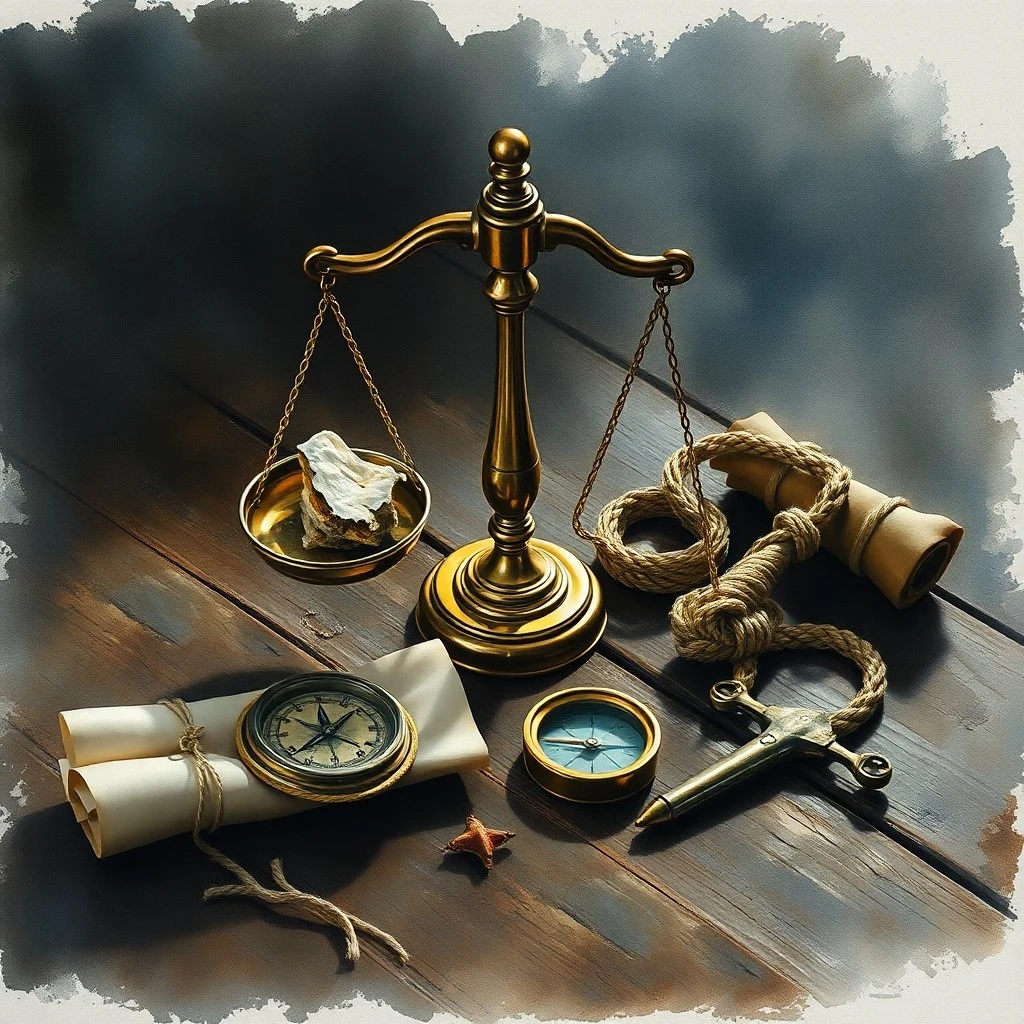 Engranajes y cadenas rotas parcialmente sumergidas en agua oscura, con líneas de texto legal abstracto.