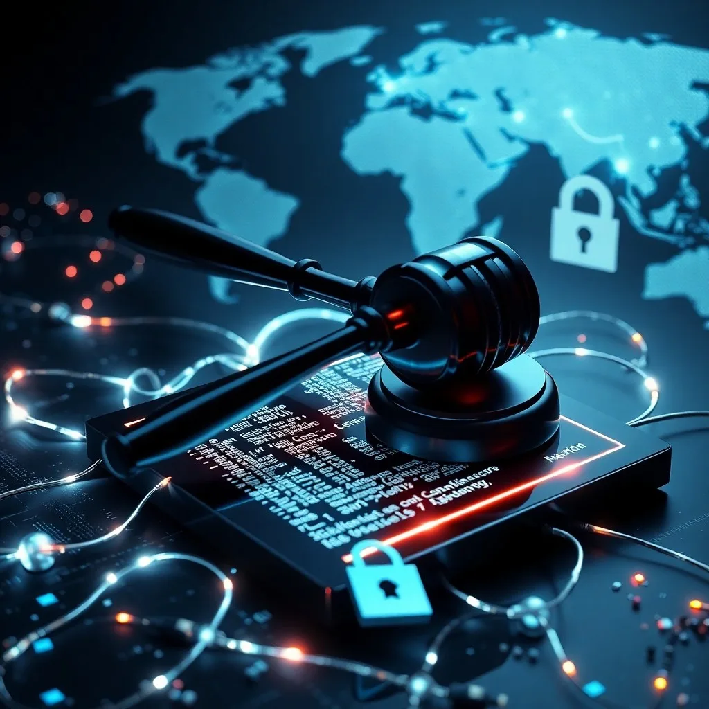 Representación abstracta de la seguridad digital con formas geométricas entrelazadas y código binario brillante, simbolizando la protección de datos.