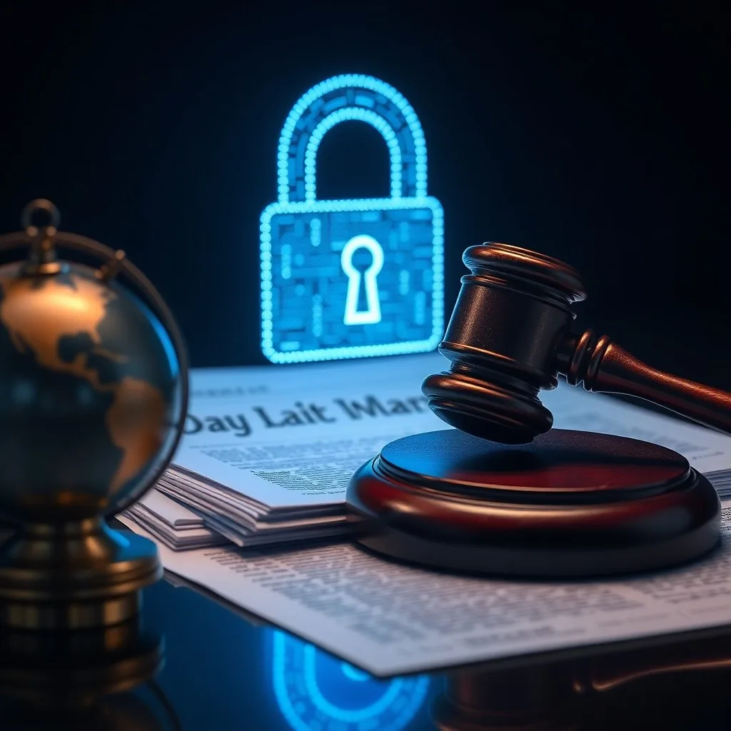 Libro de leyes antiguo abierto en un escritorio, con una proyección holográfica de redes de datos y código, con gafas de lectura al lado.