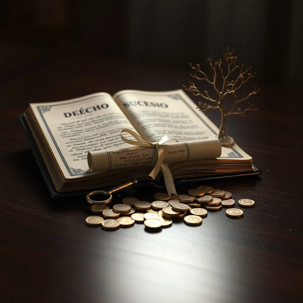 Fotografía macro de un antiguo escritorio de madera con un libro legal encuadernado en cuero, una pluma de ave, un sobre sellado con cera y una llave intrincada sobre terciopelo, evocando tradición y precisión legal.