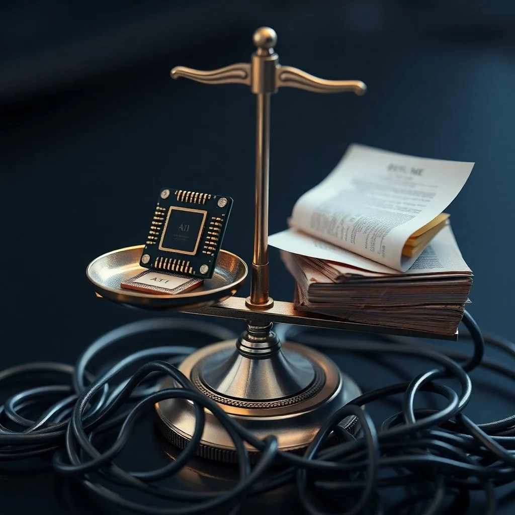Fotografía still-life de una balanza de la justicia antigua desequilibrada por libros de código binario y un pergamino de derechos humanos, con iluminación dramática.