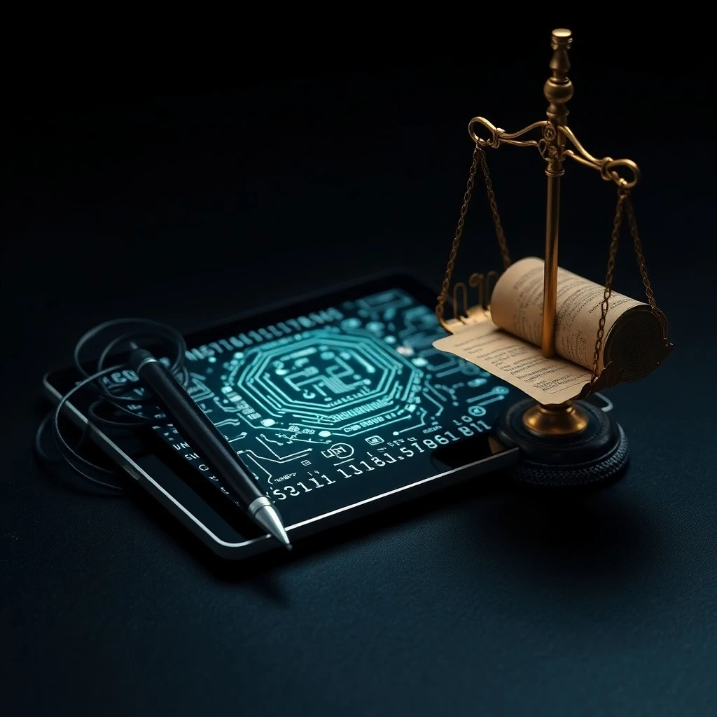 Mano humana y lienzo digital con elementos legales y creativos