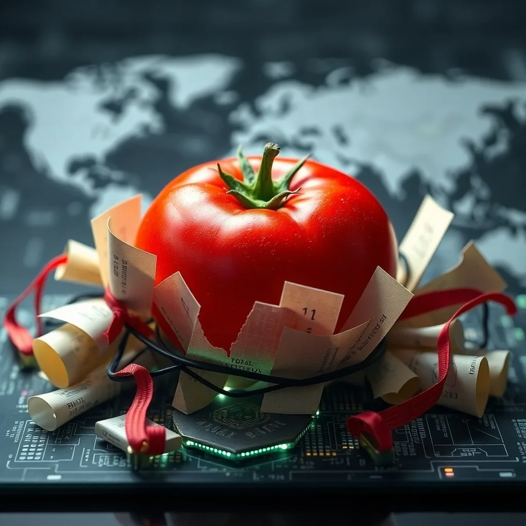 Bloques de datos transparentes con alimentos estilizados, conectados por líneas digitales, simbolizando la integridad de la cadena de suministro.