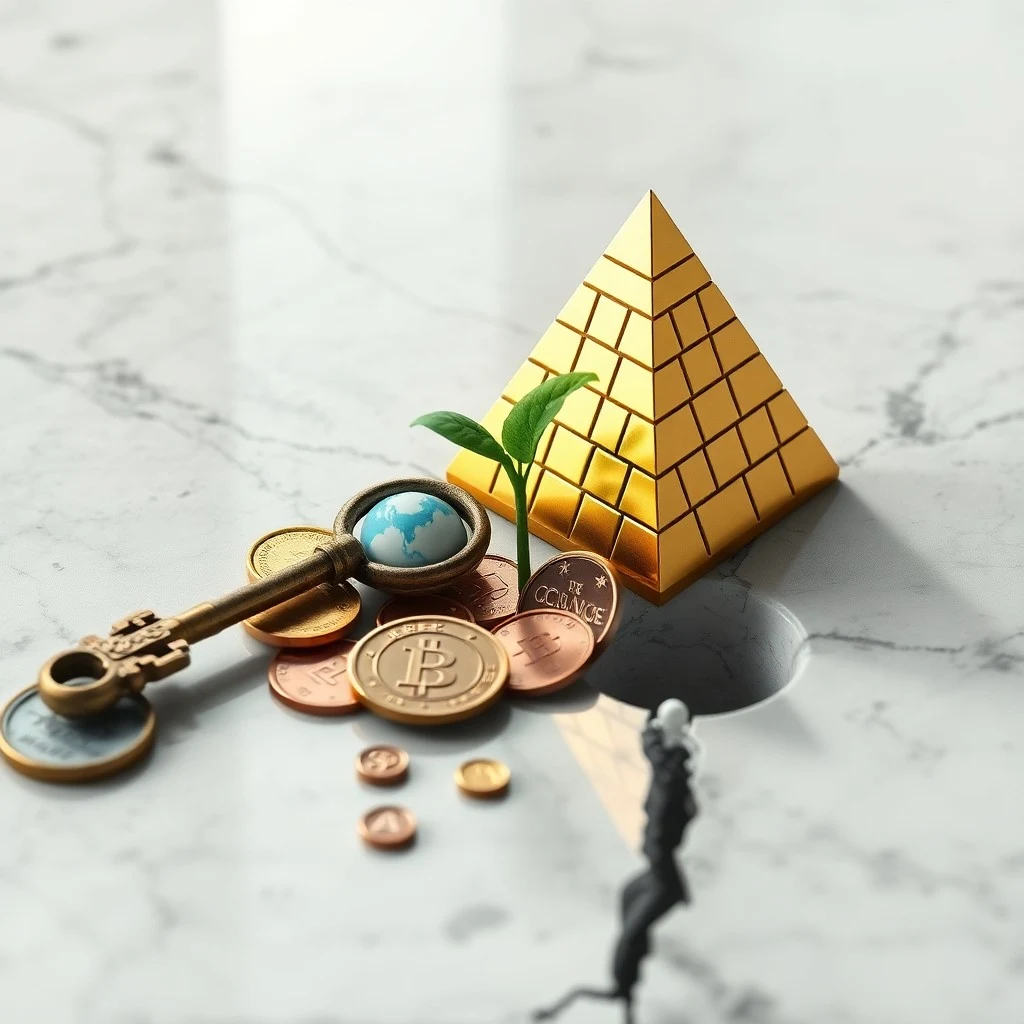 Balanza de justicia antigua con monedas de oro pesando más que un billete desgastado, simbolizando la disparidad económica global.