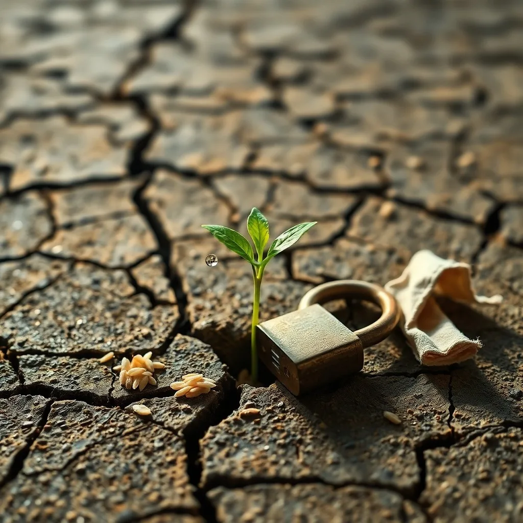 Arte conceptual de raíces y ramas entrelazadas de un árbol rompiendo tierra árida, simbolizando la resiliencia y el desarrollo sostenible frente a la fragilidad económica.