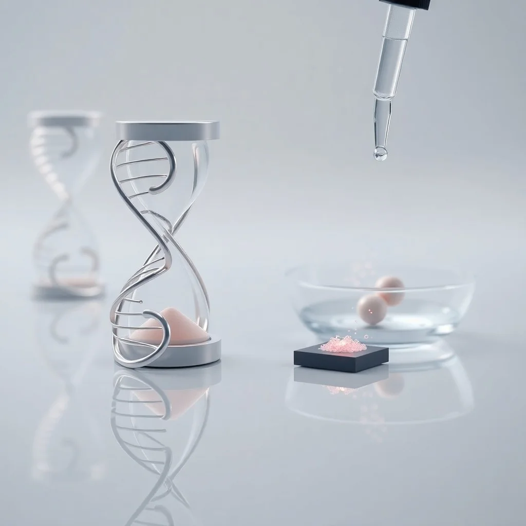 Laboratorio con pantallas mostrando secuencias genómicas, petri dish con células neurales, instrumentos científicos, luz dramática.