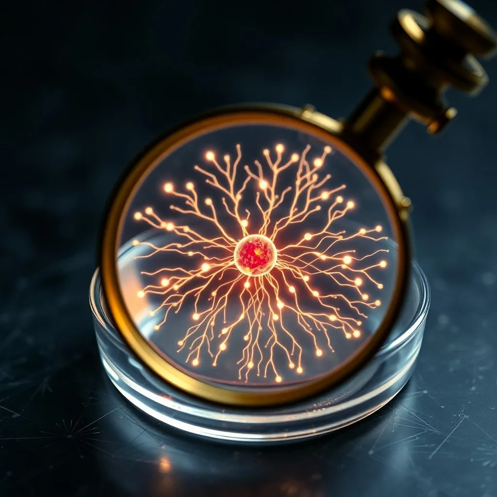 Fotografía cinematográfica de un microscopio vintage enfocado en una célula neuronal estilizada en una placa de Petri, rodeado de documentos científicos y una tableta con gráficos de datos.