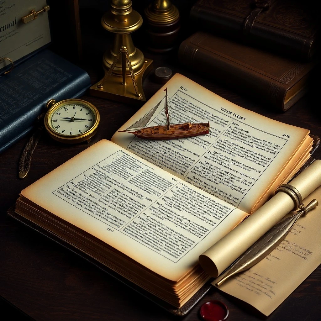Fotografía cinematográfica de un libro de cuero envejecido titulado 'Lex Maritima' sobre un escritorio de madera pulida, rodeado por un sextante de latón, una pluma de ave y un pergamino enrollado que representa un manifiesto de barco, luz ambiental suave de una ventana cercana.