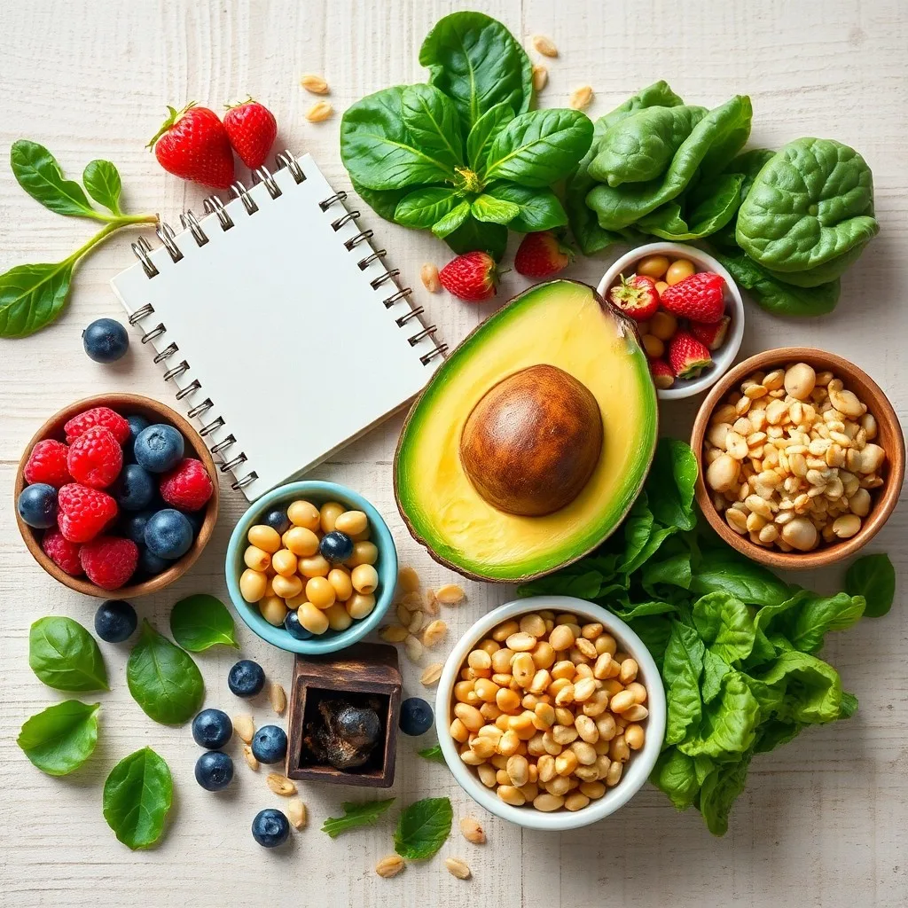 Fotografía de bodegón de una encimera de cocina organizada con verduras frescas, granos y legumbres, junto a una guía de nutrición.